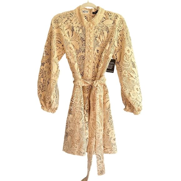 NWT Boston Proper Sheer Lace Belted Button Front Dress Women's 8 Beige - Picture 1 of 14